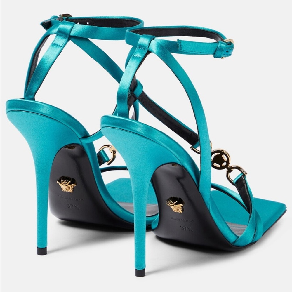 Versace NWOT Turquoise Gold Medusa ‘95 Strappy Satin Stiletto Heels (Size 37.5) - Picture 5 of 6